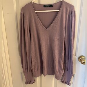 Lauren Ralph Lauren Lavender V-Neck Knit Top Gold Button Ruffle Cuffs Medium